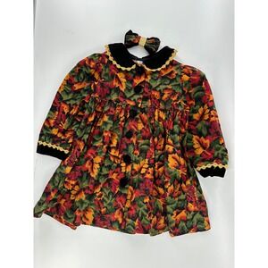 Vintage 2T Kids Autumn Leaf Print Dress Velvet Collar Gold Lace Bow Set